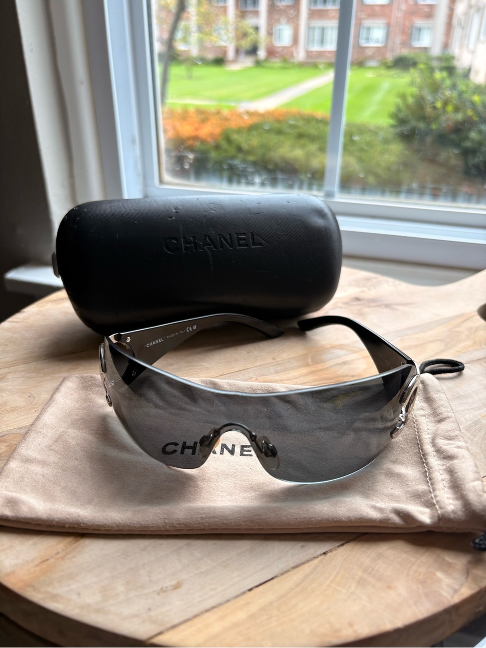 Vintage Chanel 4125 Y2K Rimless Shield Sunglasses Black Silver CC Full Set